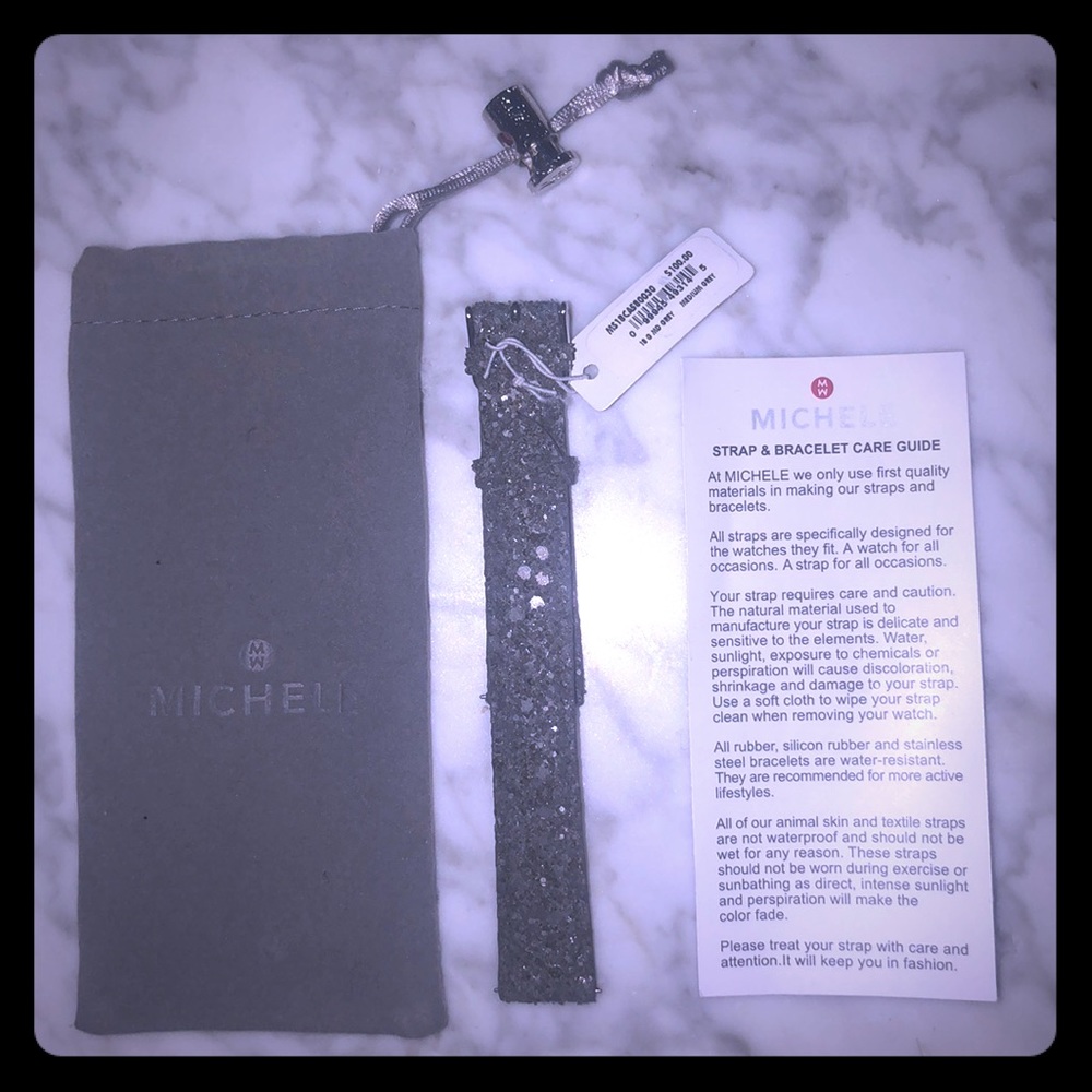New Michele Gray Glitter Leather Watch Strap 18